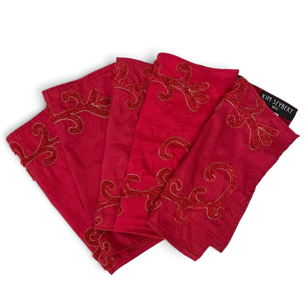 Vintage Kim Seybert Burgundy Red Slub Silk Embroidered Square Napkins: Set of 5